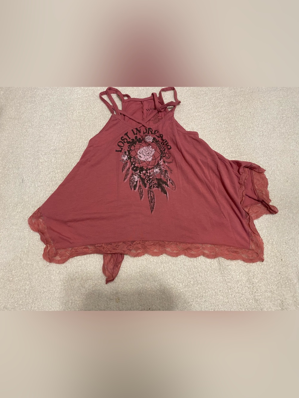 Wound Up Dusty Rose Graphic Lace-Trim Strappy Tank